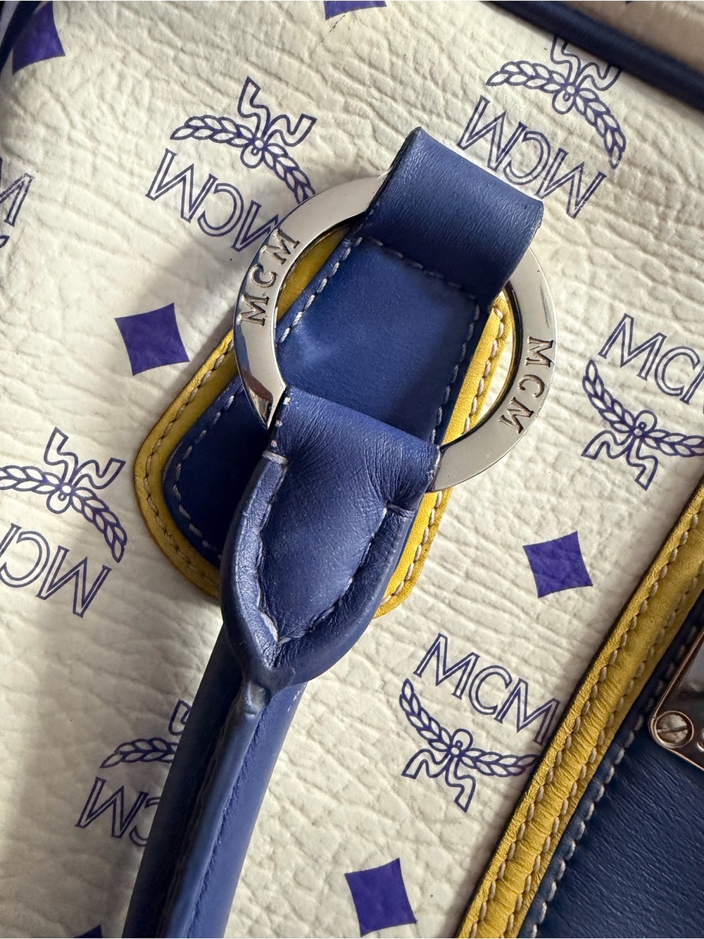 MCM Cream Satchel with Blue Trim and Yellow Accents - Picture 11 of 14